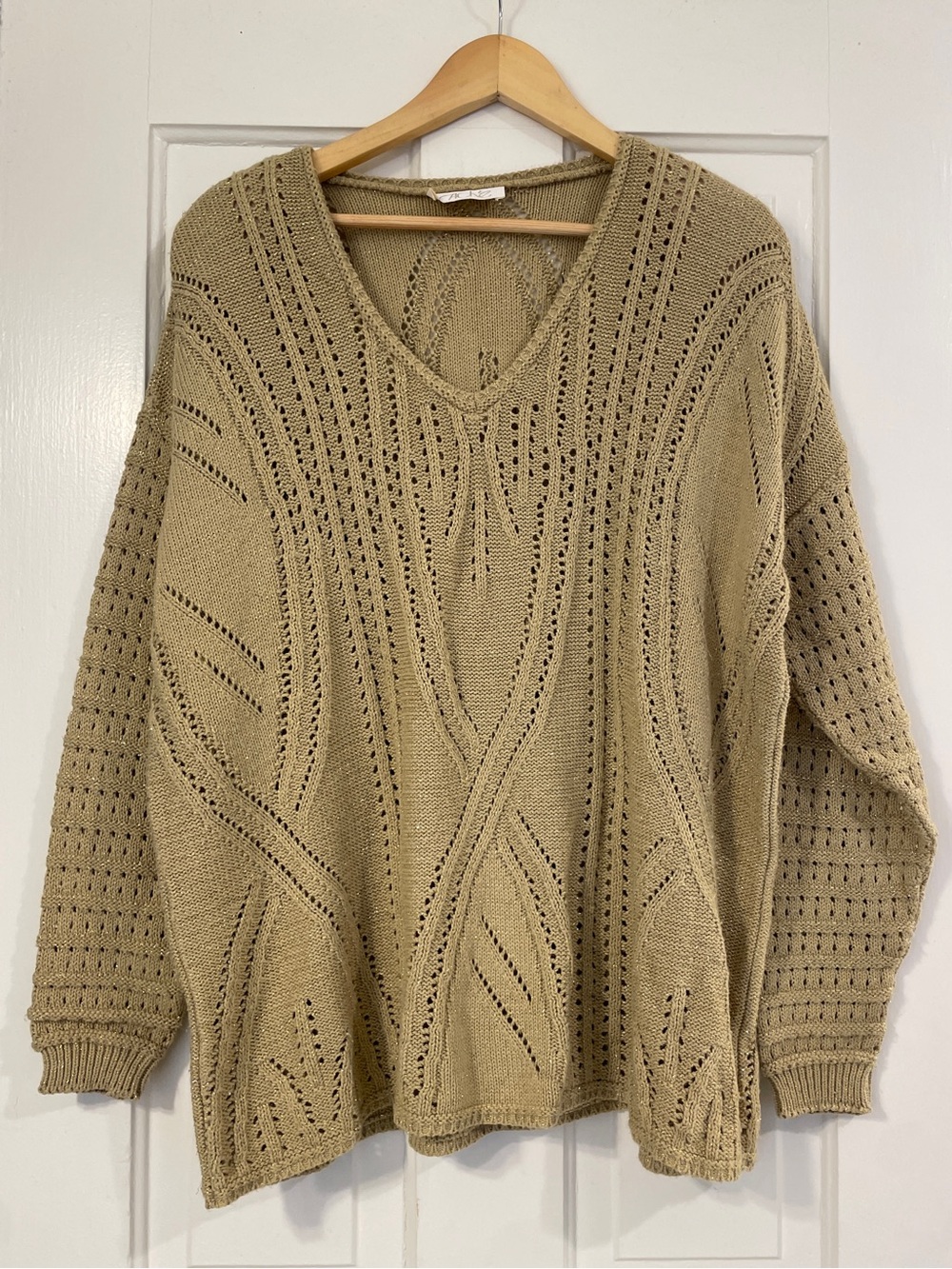 Vintage 80s Caché Gold Lurex Shimmer Open Knit Boho Sweater w/Shoulder Pads OS